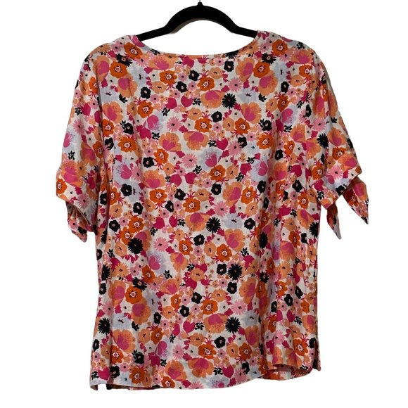 Linen Charter Club Luxury size L 100% linen orange floral short tie sleeves top - Picture 3 of 11